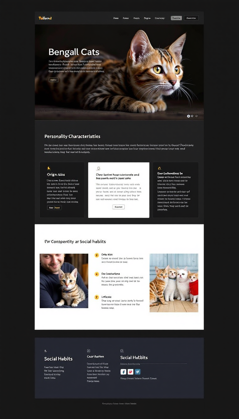 Design a one-page blog about Bengal cats, featuring sections on their personality, characteristics, origin, lifespan, and social habits, all styled using Tailwind CSS.