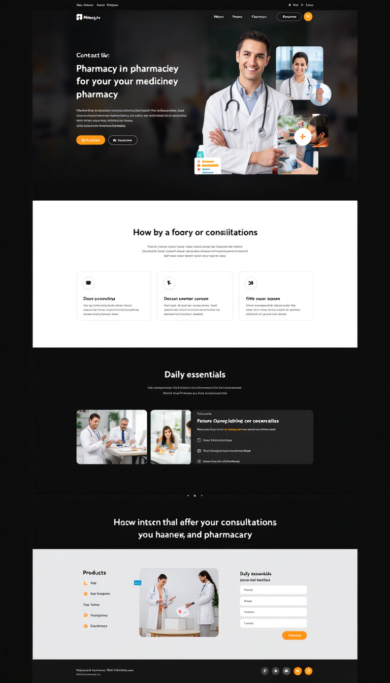 Design a one-page website for a pharmacy that sells medicine, offers doctor consultations, and features daily essentials. The layout should be simple, clean, and user-friendly, showcasing sections for products, services, and contact information.
