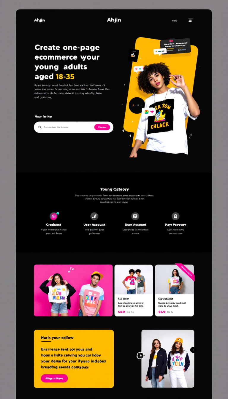 Create a one-page e-commerce website for Ahjin, aimed at young adults aged 18-35. Design it in a dark, minimalistic style with vibrant accents, featuring a search bar, product categories, user account creation, and a payment gateway, all while appealing visually to a youthful audience.