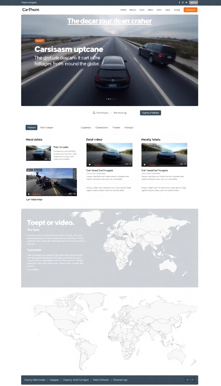 Design a one-page website for a forum dedicated to sharing dashcam footage of car crashes from around the globe. The layout should be clean and user-friendly, showcasing video uploads, discussion threads, and global maps for visual context.