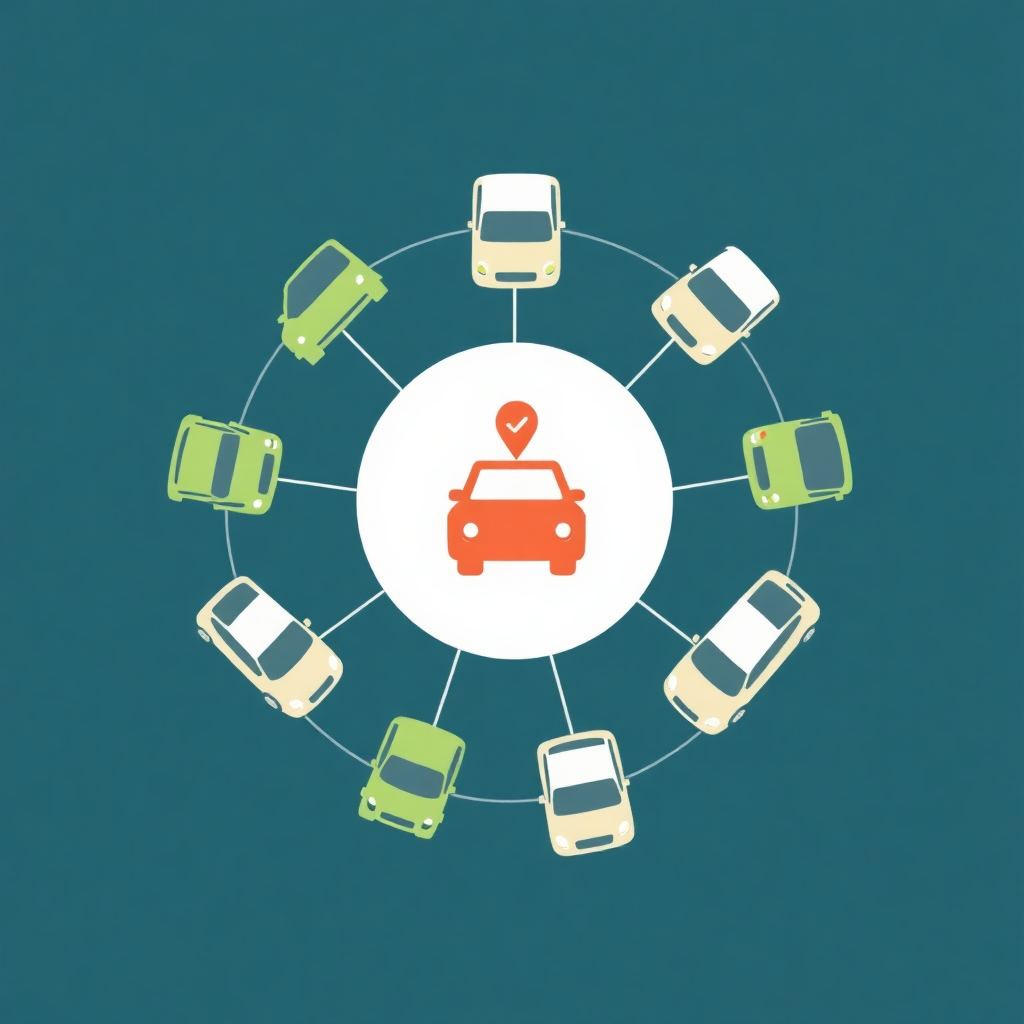 illustration of various vehicles orbiting a central icon, representing the concept of vehicle sharing