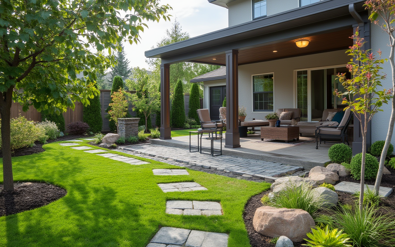 Professional landscaped garden with stone pathways, lush green grass, and decorative rocks surrounding a modern home patio area