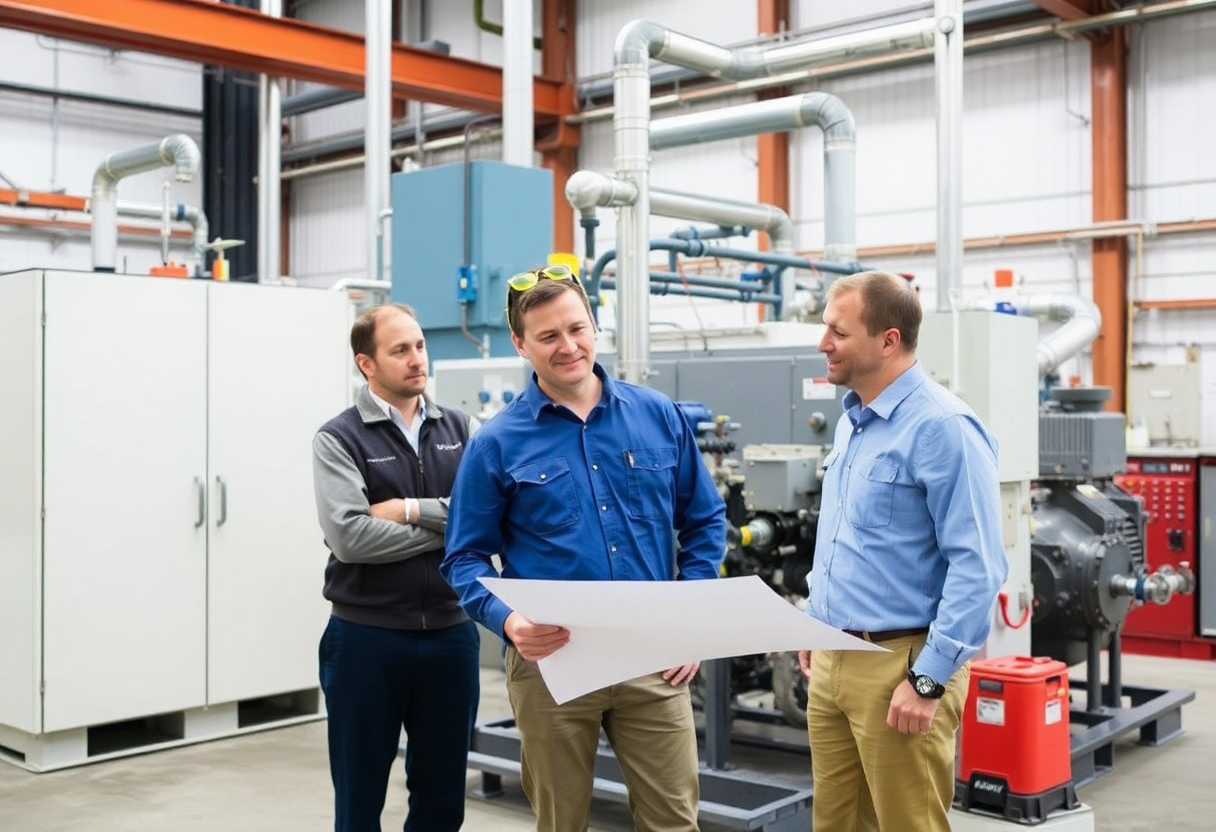 engineers discussing heat transfer system design in front of equipment