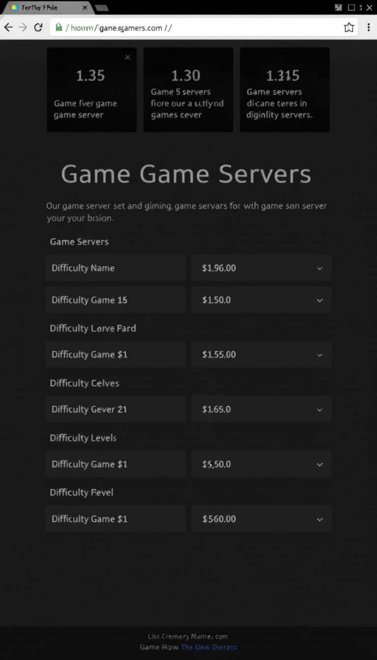 Create a one-page website featuring a table on the Home Page that displays five game servers along with their corresponding difficulty levels.