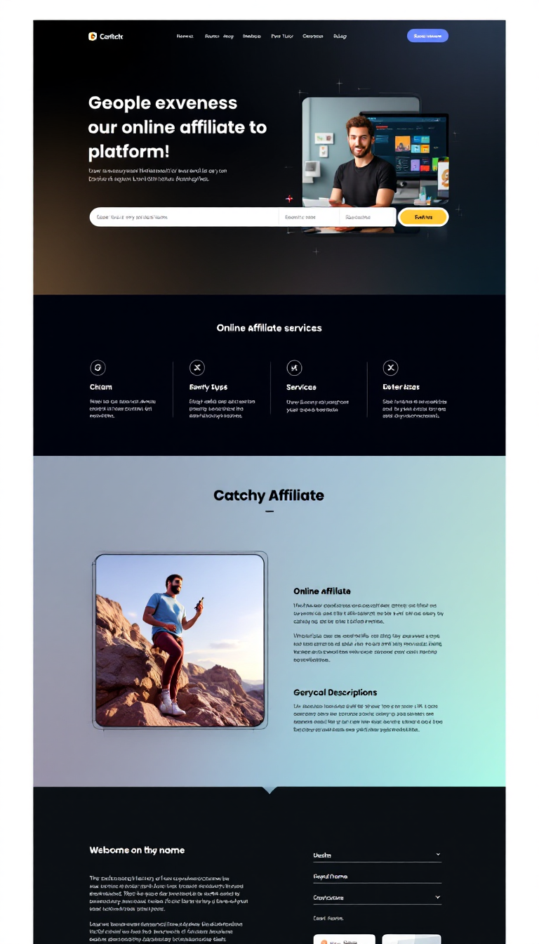Create a simple and clean one-page website design for an online affiliate platform. Include sections for a catchy name, brief descriptions of services, and a visually appealing layout.