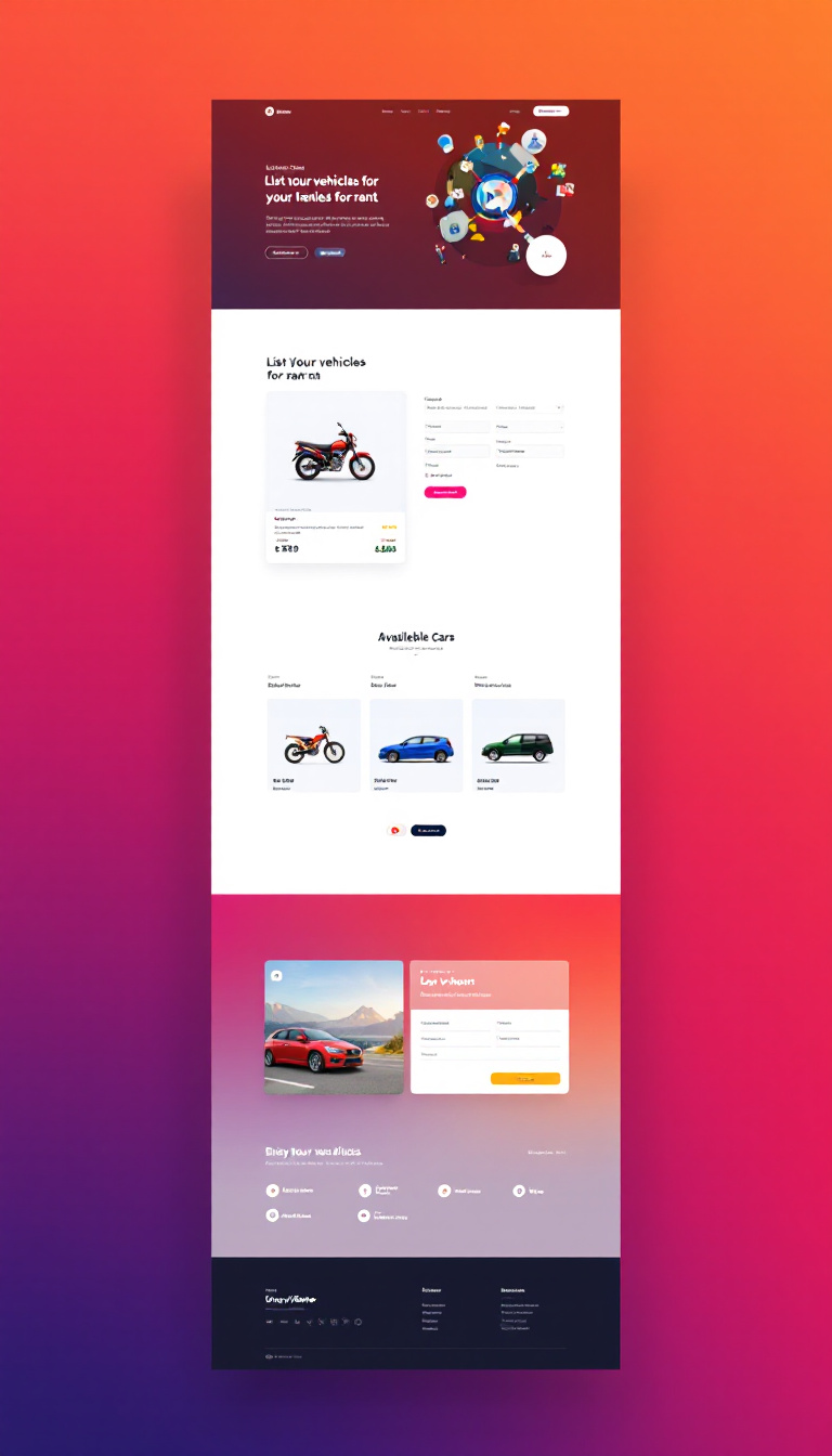 Design a one-page vehicle rental website that allows users to list their vehicles for rent and browse available options, including bikes and cars. The layout should be simple and clean, featuring user-friendly navigation and attractive visuals.