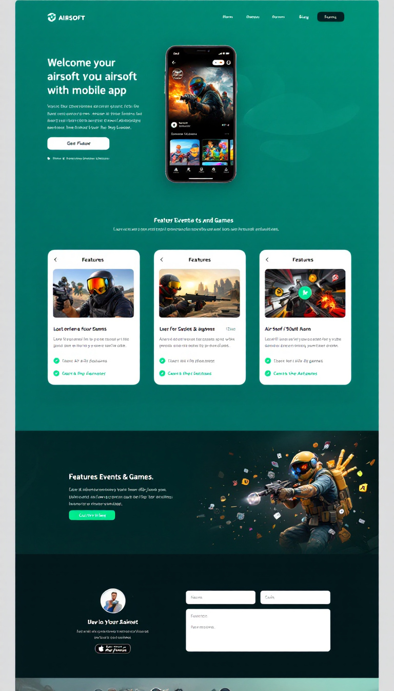Design a simple one-page website for an airsoft mobile app that features events and games. Highlight key app features, a user-friendly interface, and engaging visuals related to airsoft activities.