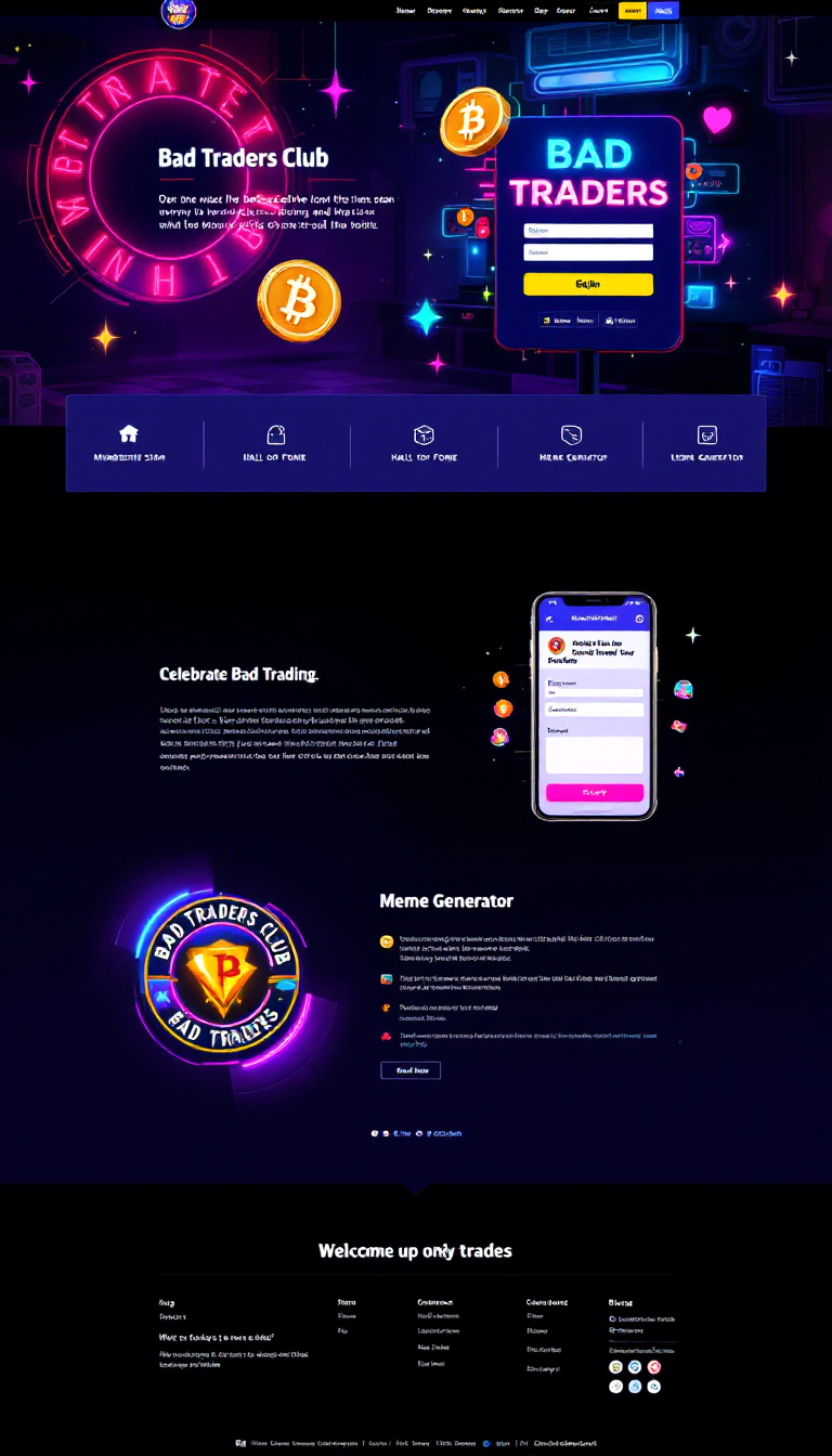 Create a vibrant one-page website for the 'Bad Traders Club' ($BTC), celebrating bad trading in a humorous way. It should blend a 50's diner aesthetic with a cyberpunk vibe, featuring neon colors and retro fonts, while showcasing community elements like a membership sign-up, a Hall of Fame for bad trades, a meme generator, and a light-hearted blog. Include animated GIFs and playful design elements that highlight the fun and inclusive nature of the club.