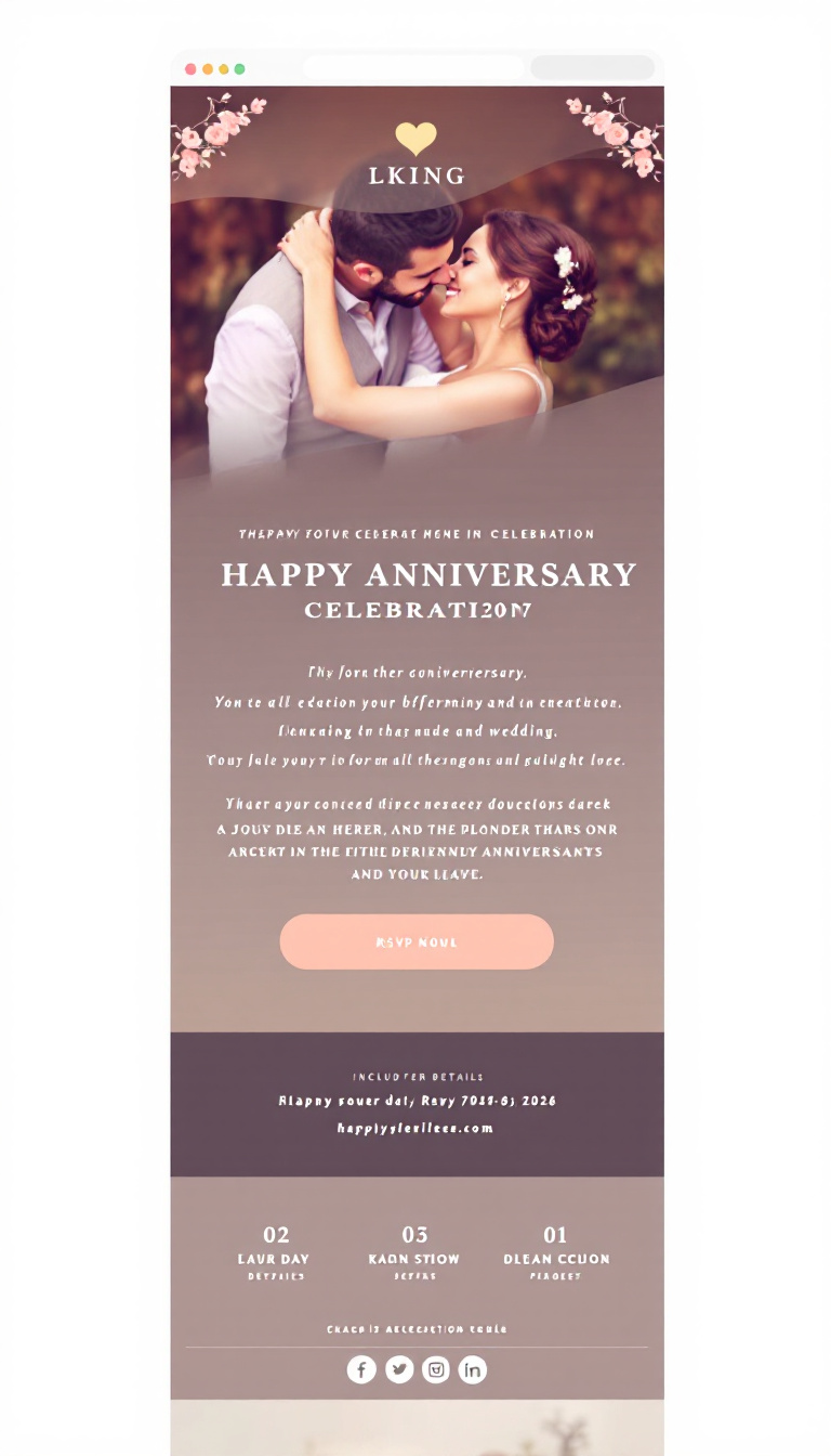 Design a simple and elegant one-page website for a wedding anniversary celebration, featuring the couple's names, date of the event, a beautiful image, and a short personal message. Include RSVP details and a festive color scheme.