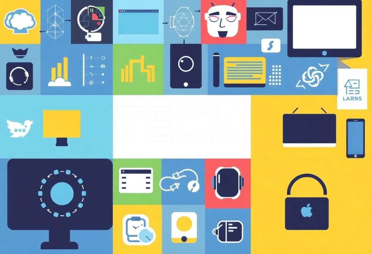 collage of tech icons and devices representing various aspects of technology