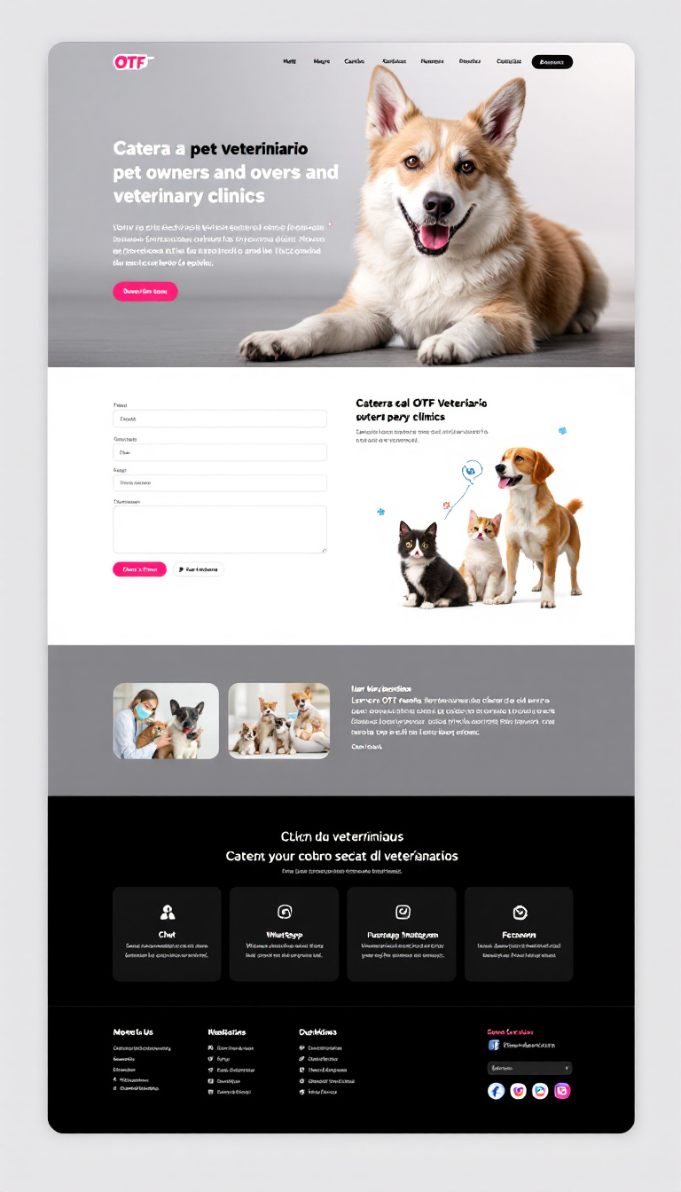 Design a sleek one-page website for OTF Veterinario, catering to pet owners and veterinary clinics. Incorporate a chat feature and social media links for WhatsApp, Instagram, and Facebook, while aligning with the client’s logo to convey a professional and animal-friendly atmosphere.