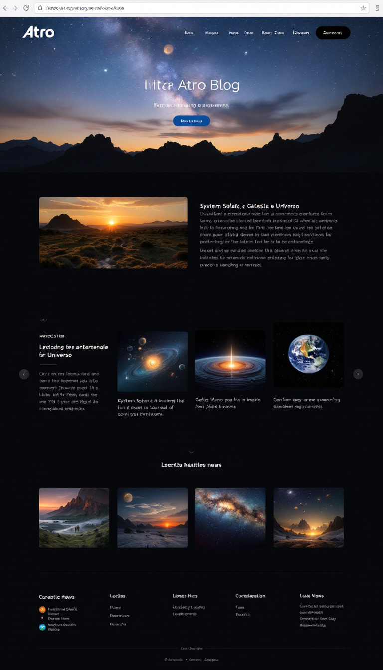Crea una homepage per 'Atro Blog', un blog di astronomia, utilizzando HTML, CSS e JavaScript di Bootstrap. Includi una navbar con sezioni per Sistema Solare, Galassia e Universo, seguita da un'introduzione al blog, un carosello con immagini, una sezione per le ultime news e una per eventi astronomici, oltre a un footer. Aggiungi anche un semplice esempio di pagina secondaria.