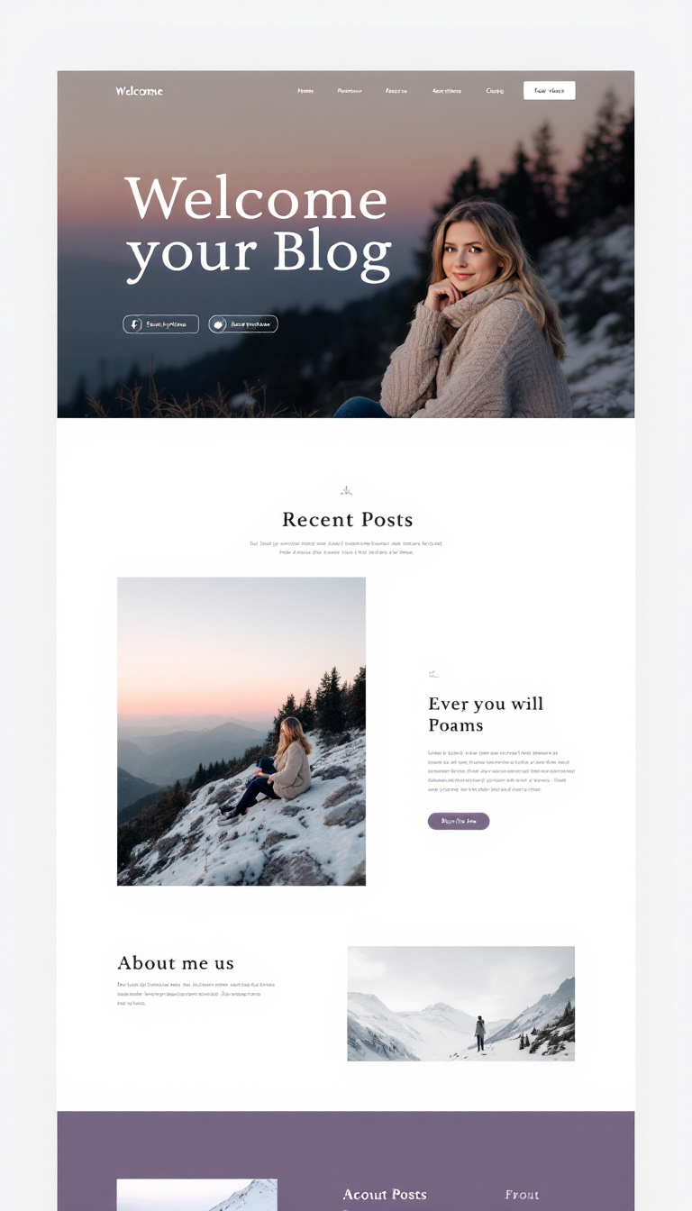 Design a simple and clean one-page personal blog website, featuring a welcoming header, sections for recent posts, an about me section, and a minimalist layout with easy navigation. Use a modern color palette and readable typography.
