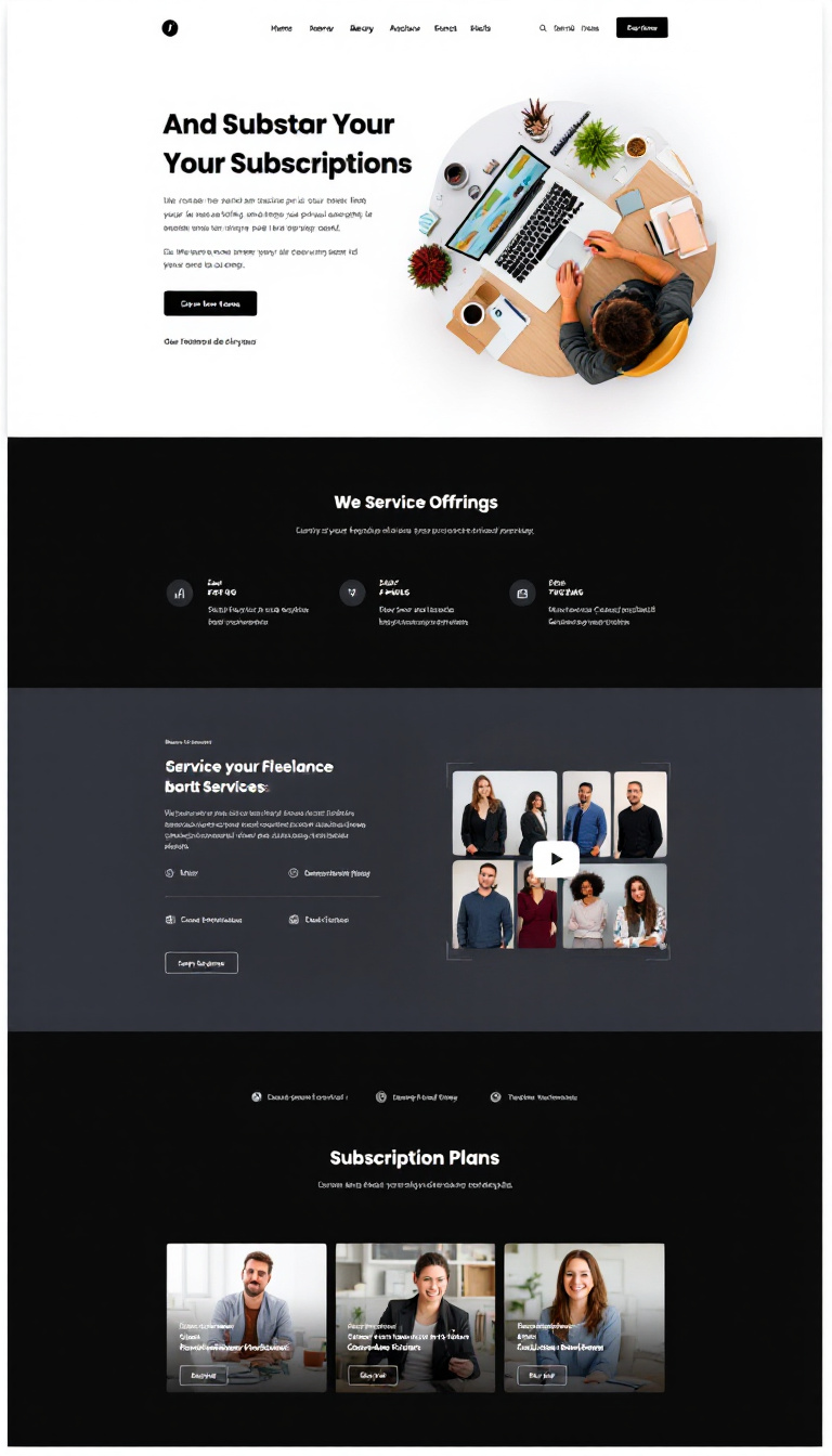 Design a one-page subscription website for freelance services, featuring a clean layout, eye-catching visuals, and easy navigation. Include sections for service offerings, subscription plans, and testimonials.