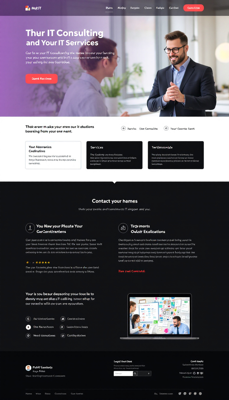 Design a simple and clean one-page website for an IT consulting business, featuring a professional layout, clear navigation, and sections for services, testimonials, and contact information.