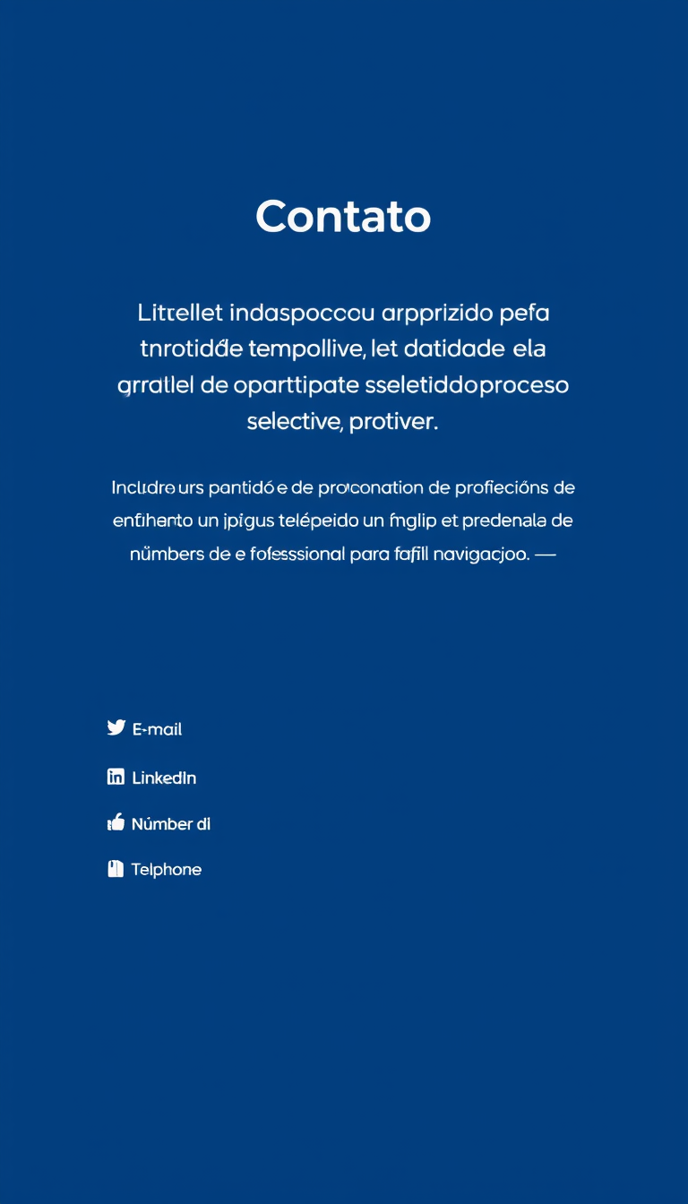 Crie uma página de contato com um título "Contato" e um texto expressando gratidão pela oportunidade de participar do processo seletivo. Inclua informações de contato como e-mail, LinkedIn e número de telefone, utilizando um design limpo e profissional para fácil navegação.