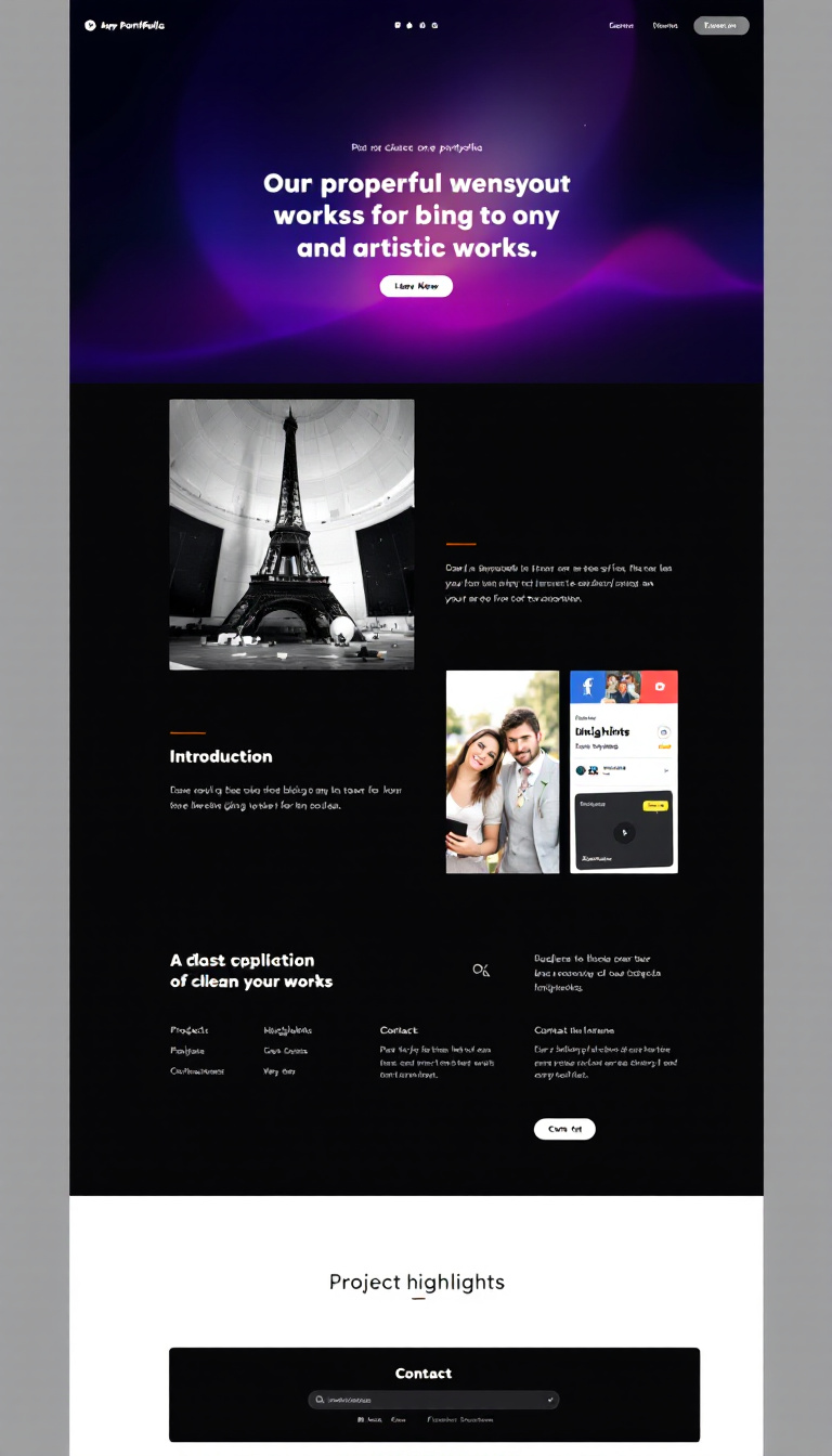 Design a simple and clean one-page portfolio website showcasing artistic works, with sections for an introduction, project highlights, and contact information. The layout should be visually appealing and easy to navigate.