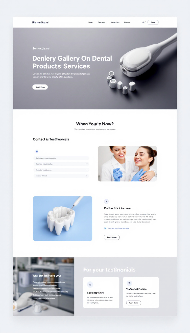 Design a clean, minimalist one-page website for Bio-medica.ai, featuring a gallery of dental products and services, a contact form for inquiries, and a section for testimonials. Ensure there's ample white space for a visually appealing layout.