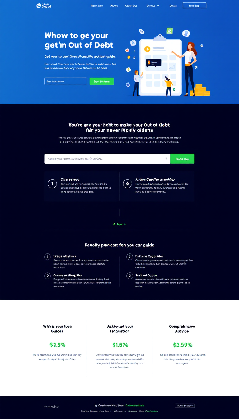 Design a simple one-page website focused on getting out of debt, featuring clear steps, actionable guides, and comprehensive financial advice. Include a clean layout with intuitive navigation for easy access to information.