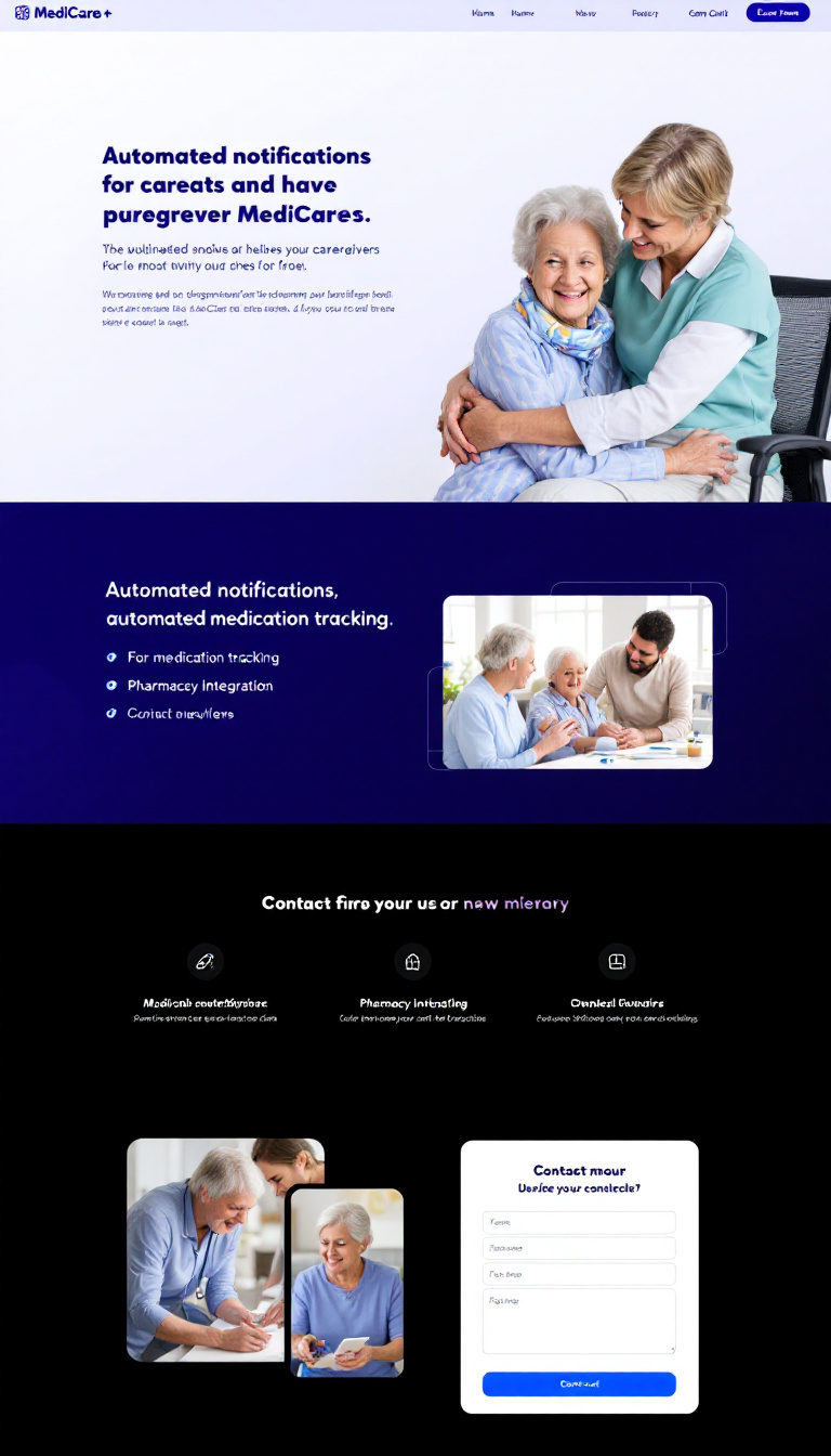 Create a clean one-page website for the MediCare+ application, highlighting automated notifications for caregivers, medication tracking, and pharmacy integration. The design should include images of elderly patients and caregivers, along with a contact form for inquiries.