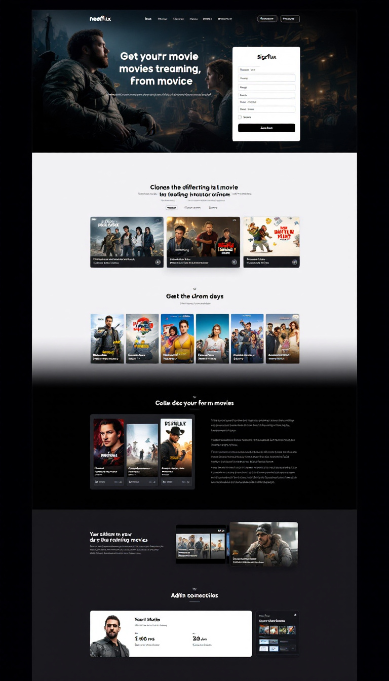 Design a one-page movie streaming website called Neoflix that features user sign-up and login, a movie browsing section with genre filtering, and a search option. Include sections for movie details and admin management functionalities, all with a clean and modern layout.