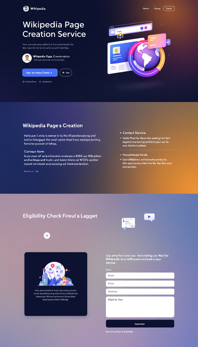 Create a modern, minimalist one-page website for a Wikipedia page creation service. Include a contact form, service descriptions, testimonials, a pricing table, and an eligibility check field for users to input their name and email.