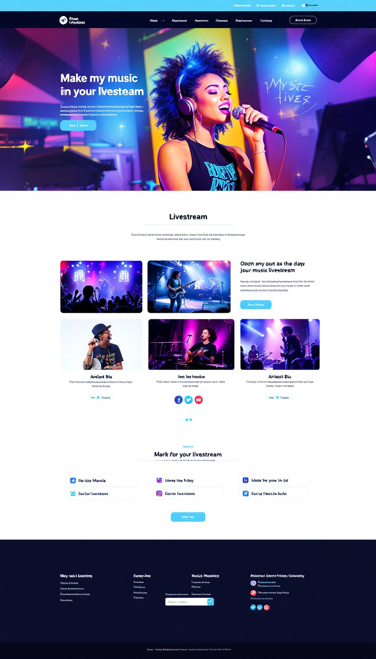 Design a simple one-page website to promote my music livestream, featuring an engaging layout with vibrant visuals, essential information about the event, and links for viewers to join the livestream. Include sections for the livestream schedule, artist bio, and social media links.