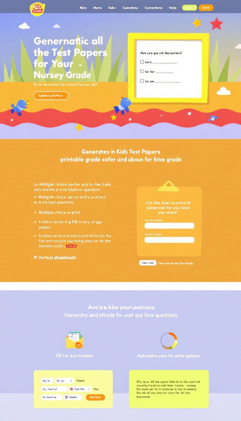 Design a vibrant one-page website titled 'Kids Test Creator' for schools to easily generate printable test papers for nursery-grade students. Include options for multiple-choice and fill-in-the-blank questions, with user-friendly features for direct download or printing, making it engaging and suitable for educators.
