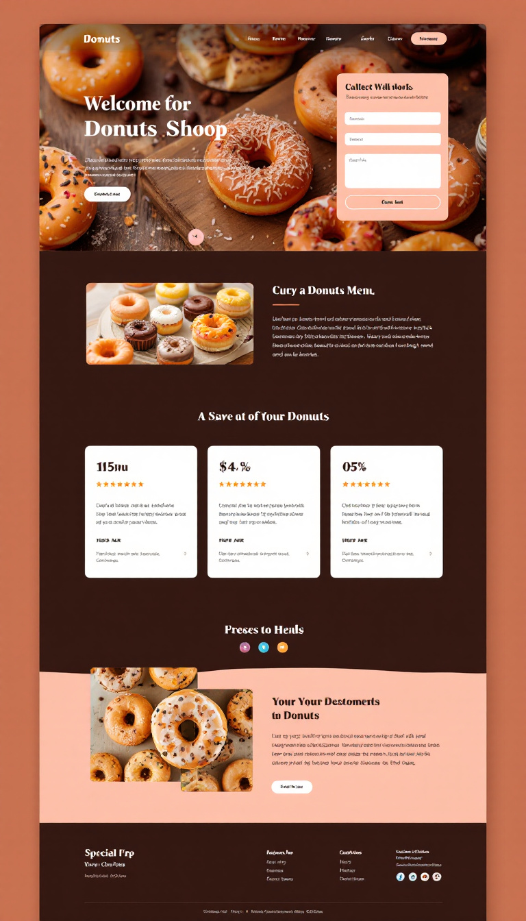 Design a clean, one-page website for a donut shop featuring enticing visuals of food and sweets, with a warm and inviting color scheme. Include sections for a menu, special offers, and customer testimonials.