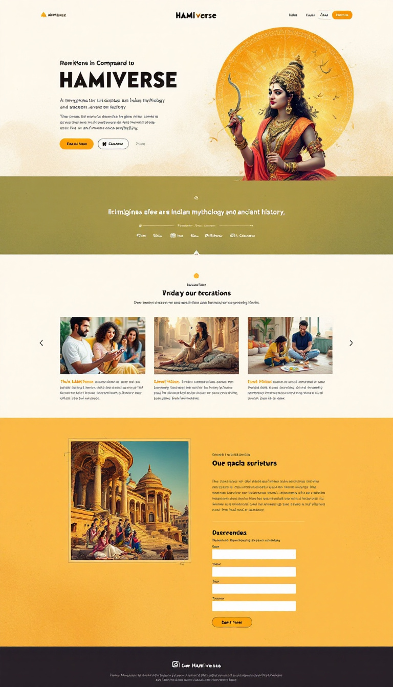 Create a one-page website for HAMIverse, a storytelling company that reimagines Indian mythology and ancient history through fashion, art, and immersive storytelling. Highlight the fusion of tradition and modernity in its offerings, inviting a contemporary global audience to explore the richness of Hindu scriptures and culture.