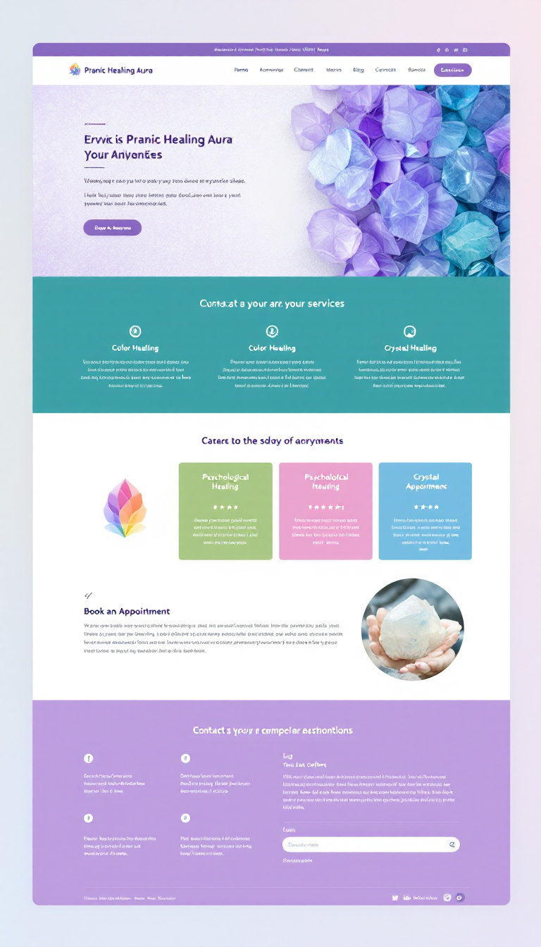 Create a one-page website for Pranic Healing Aura, featuring soothing colors like lavender, teal, and white. Include sections for services such as Color Healing, Psychological Healing, and Crystal Healing, along with a 'Book an Appointment' feature, a contact form, testimonials, and a blog. Ensure the design is mobile-friendly, user-friendly, and SEO optimized.