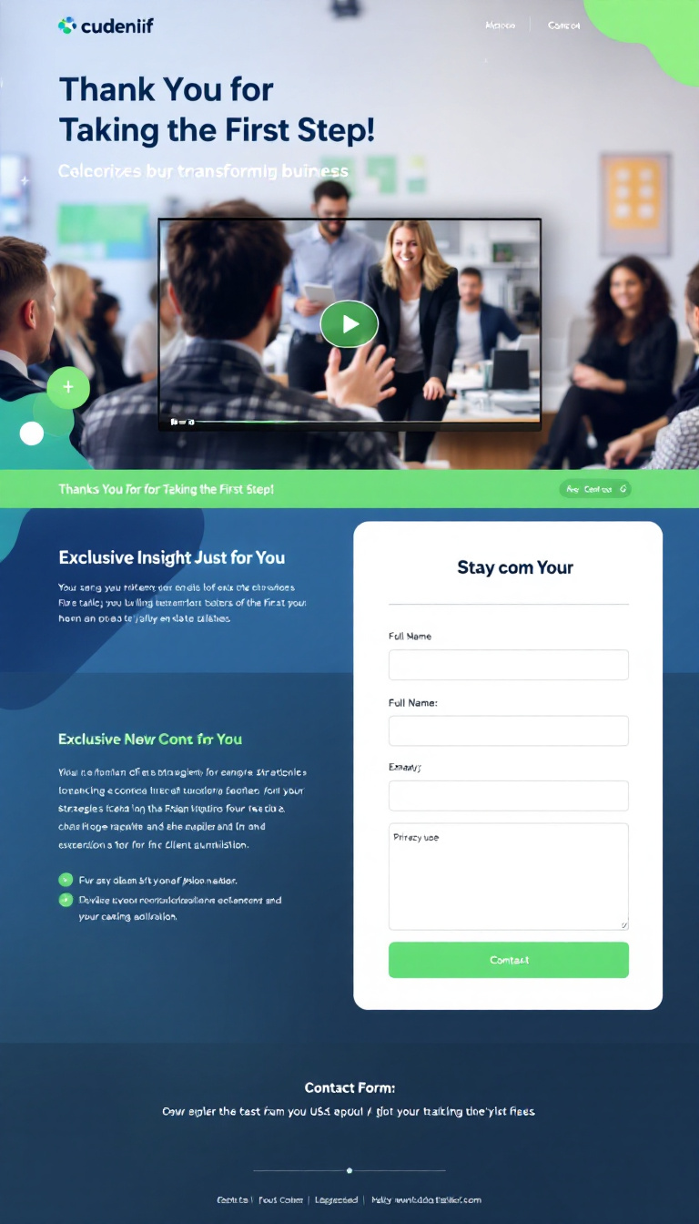 Create a one-page website featuring a thank you header with the title "Thank You for Taking the First Step!" and a subtitle about transforming businesses. Include a section with an embedded video titled "Exclusive Insight Just for You," offering strategies for client acquisition. Add a contact form for users to stay connected, featuring fields for full name, email, and phone number, along with a privacy note about data use, all designed in a modern tech-inspired style with blue and green colors.
