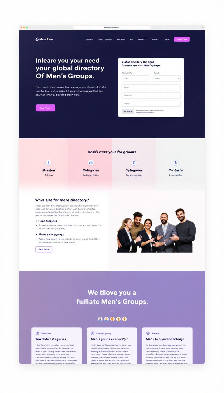 Create a simple, clean one-page website for a global directory of men's groups, showcasing their mission, various categories, and contact information. Include a user-friendly navigation layout and a modern design.