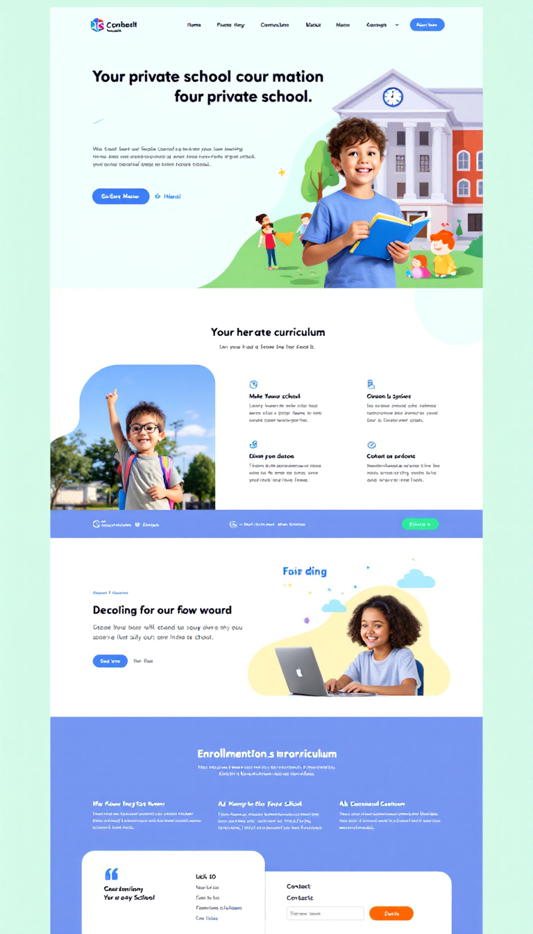 Design a one-page website for a private school, featuring sections for the school's mission, curriculum, enrollment information, and contact details. Utilize a clean and modern aesthetic with engaging visuals that reflect the school's values.