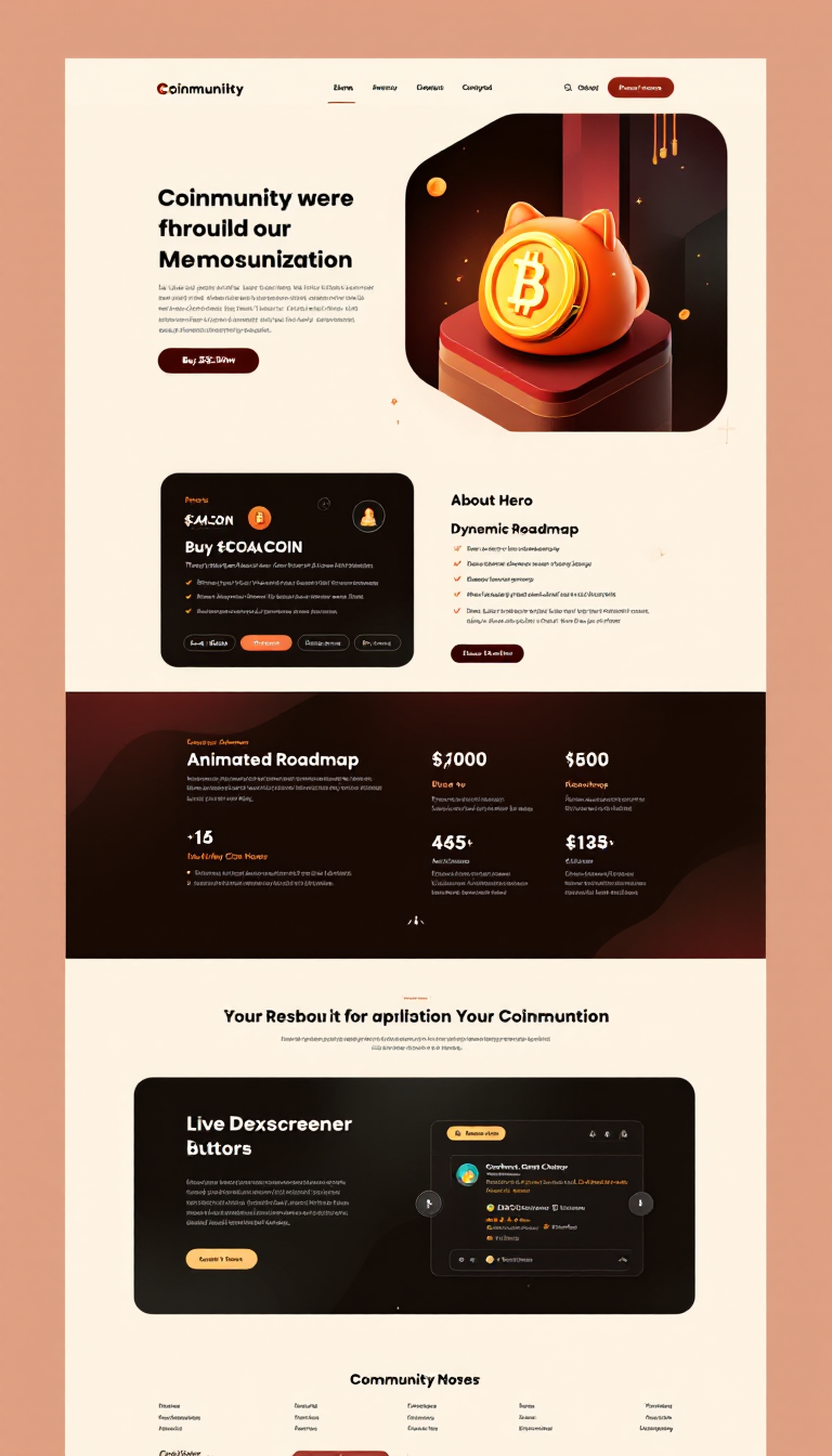 Create a modern one-page website for the memecoin 'Coinmunity', featuring a sophisticated color palette of soft beige (#CEBCA8) and rich brown (#5A4A3C), with accents of deep crimson, teal, and gold. Include sections such as a fixed header with navigation and a glowing 'Buy $COIN Now' button, a dynamic hero section with a 3D coin mascot, informative about and tokenomics sections, an animated roadmap, a live Dexscreener chart, community call-to-action buttons, and a minimalistic footer. Focus on a futuristic aesthetic with smooth animations and responsive design.