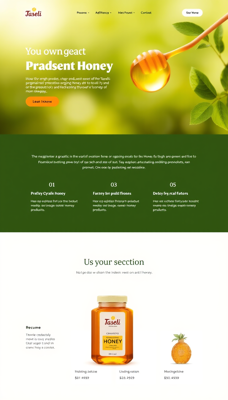 Create a clean, one-page website for the registered Organic Production Honey Brand "Taseli." It should showcase the brand’s products, mission, and unique selling points, with an emphasis on online sales.