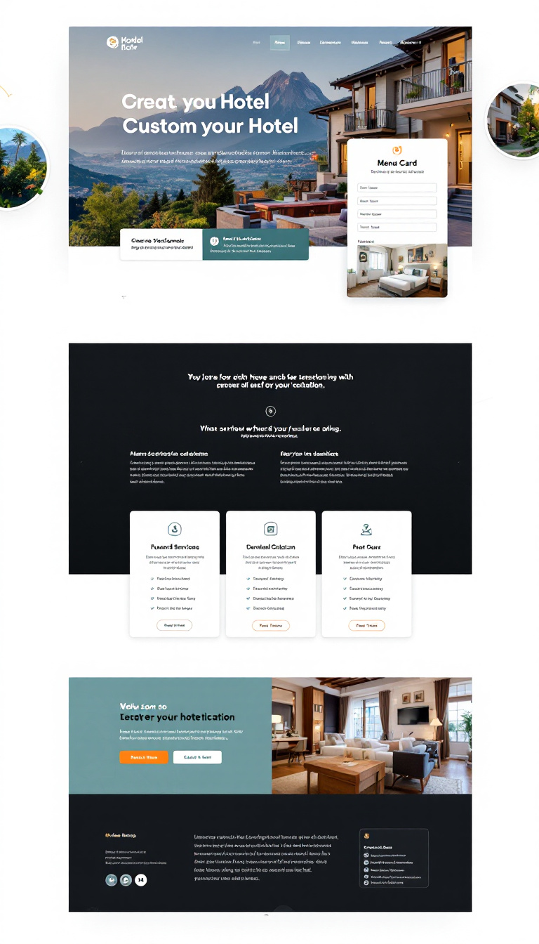 Design a simple one-page hotel website targeting local customers, featuring clear information about services, a menu card feature, and easy navigation. The layout should be clean and inviting, focusing on local appeal.
