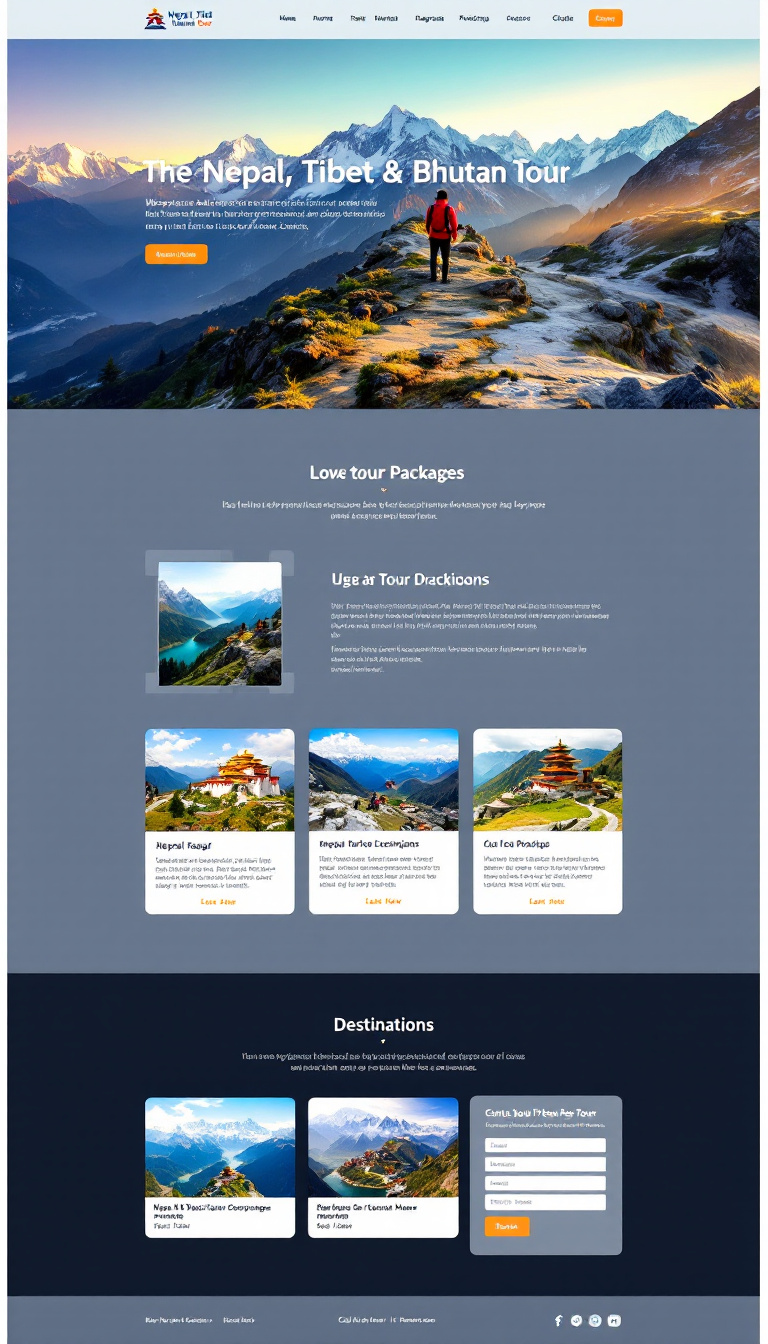 Create a simple and clean one-page website for "Nepal Tibet & Bhutan Tour," showcasing breathtaking landscapes and cultural experiences in these regions. Include sections for tour packages, destinations, and contact information, with a focus on vibrant visuals and user-friendly design.