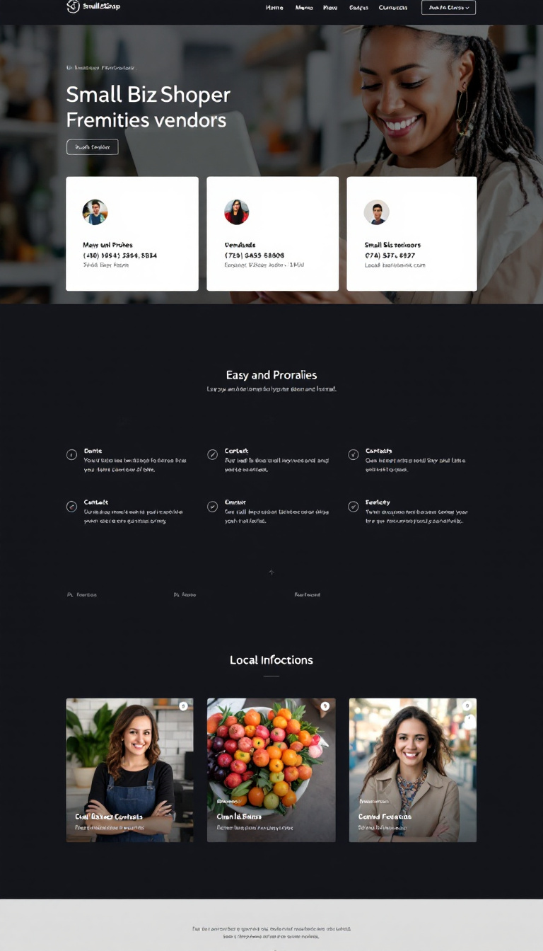 Design a clean and modern one-page website for SmallBizShop, showcasing vendor profiles with contact information. Emphasize easy navigation and a user-friendly experience for small business owners and local vendors, highlighting their offerings prominently.