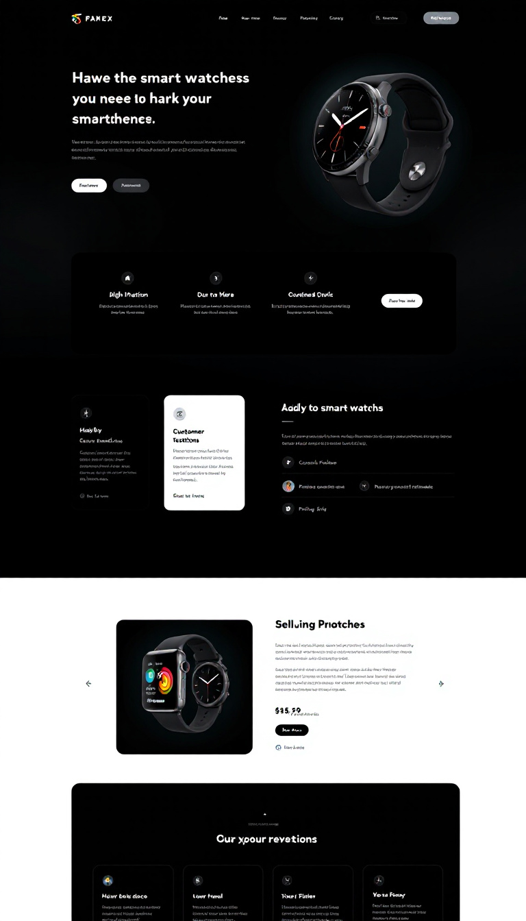 Design a modern dark mode landing page for selling smartwatches, featuring a sleek layout, eye-catching visuals, and clear calls-to-action. Include sections for product highlights, customer testimonials, and pricing.