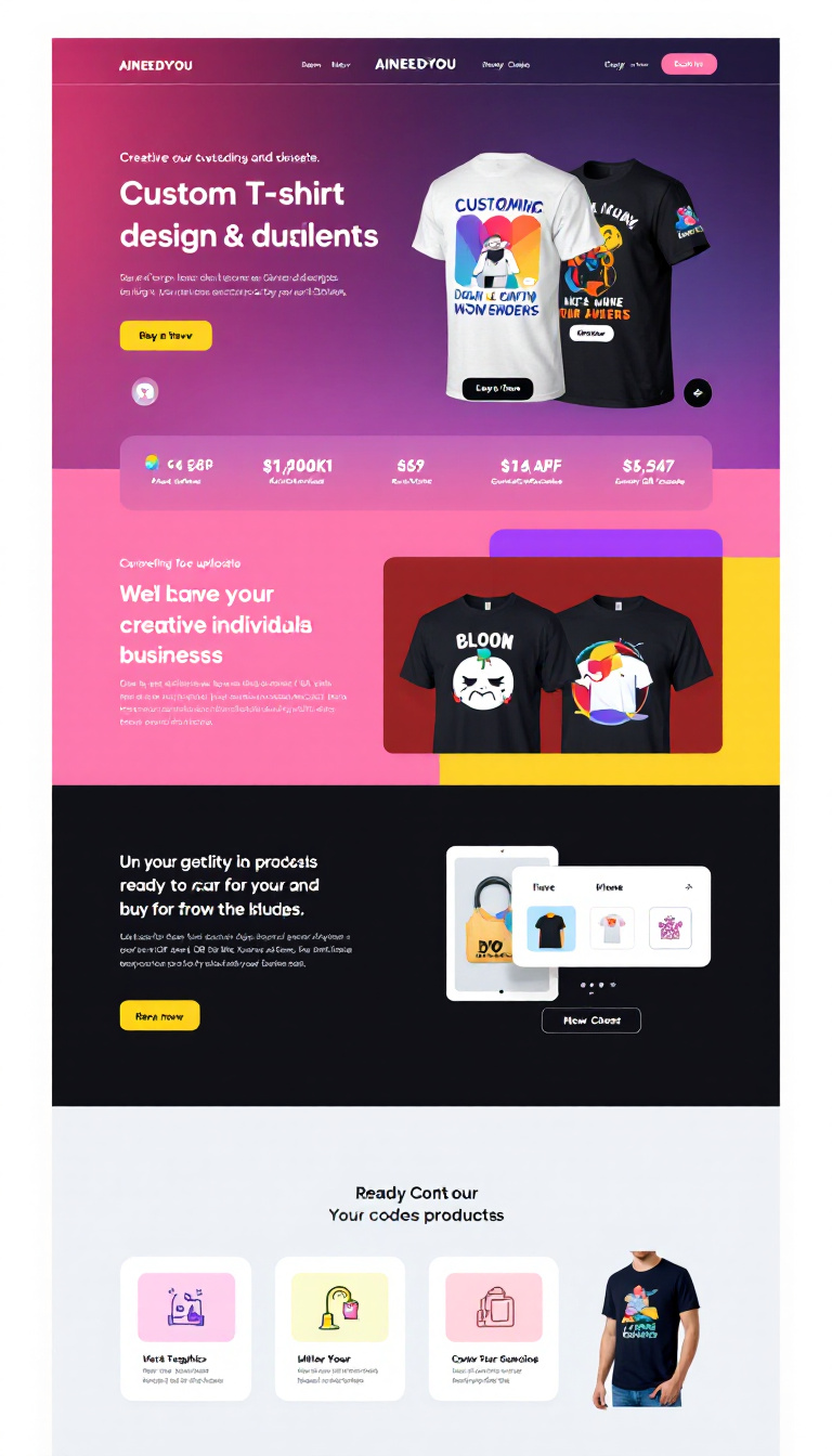Design a one-page website for AINEEDYOU, aimed at creative individuals and businesses, showcasing custom t-shirt designs. The site should feature an AI tool for generating graphics, display ready-to-buy products, and allow QR code uploads, all while maintaining a modern, vibrant theme that aligns with the existing color scheme and logo.