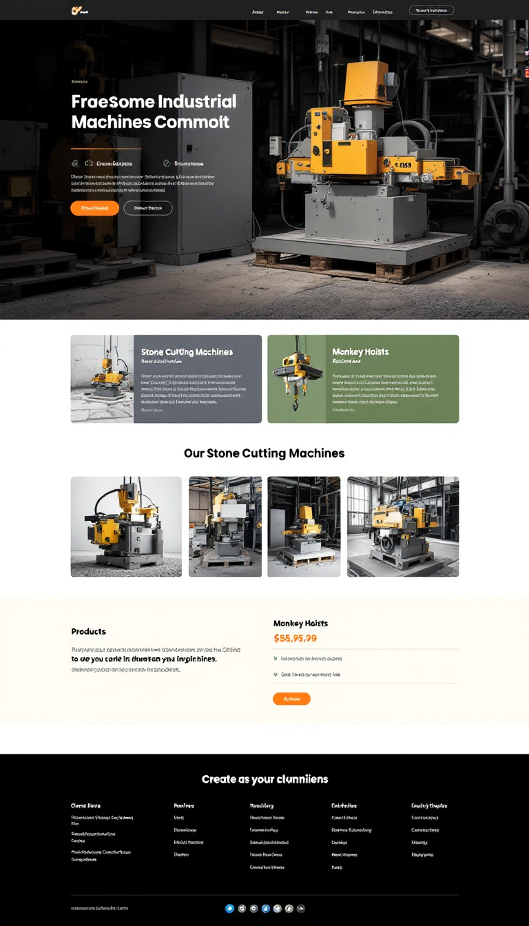 Create a simple one-page e-commerce website to showcase and sell industrial machines, specifically focusing on stone cutting machines and monkey hoists. The design should be clean and user-friendly, highlighting product features and pricing.