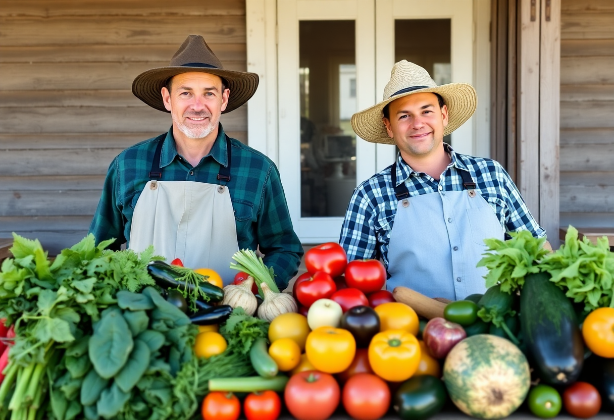 two farmers with hats standing behind a table full of fresh produce including vegetables and fruits