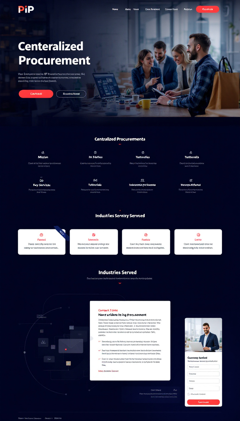 Create a modern, one-page B2B website for PIP - Partner in Procurement, focusing on centralized procurement services. The layout should include engaging sections for the company’s mission, key services, industries served, testimonials, and a clear contact form, all with a professional design and responsive features.