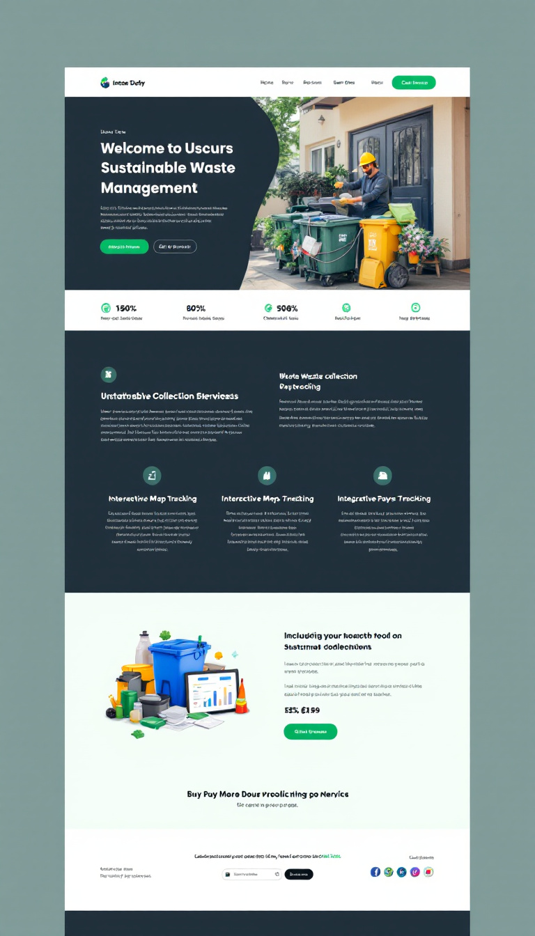 Create a clean, one-page website design focused on sustainable waste management. Include features like waste collection services, interactive map tracking, and integrated payment options.