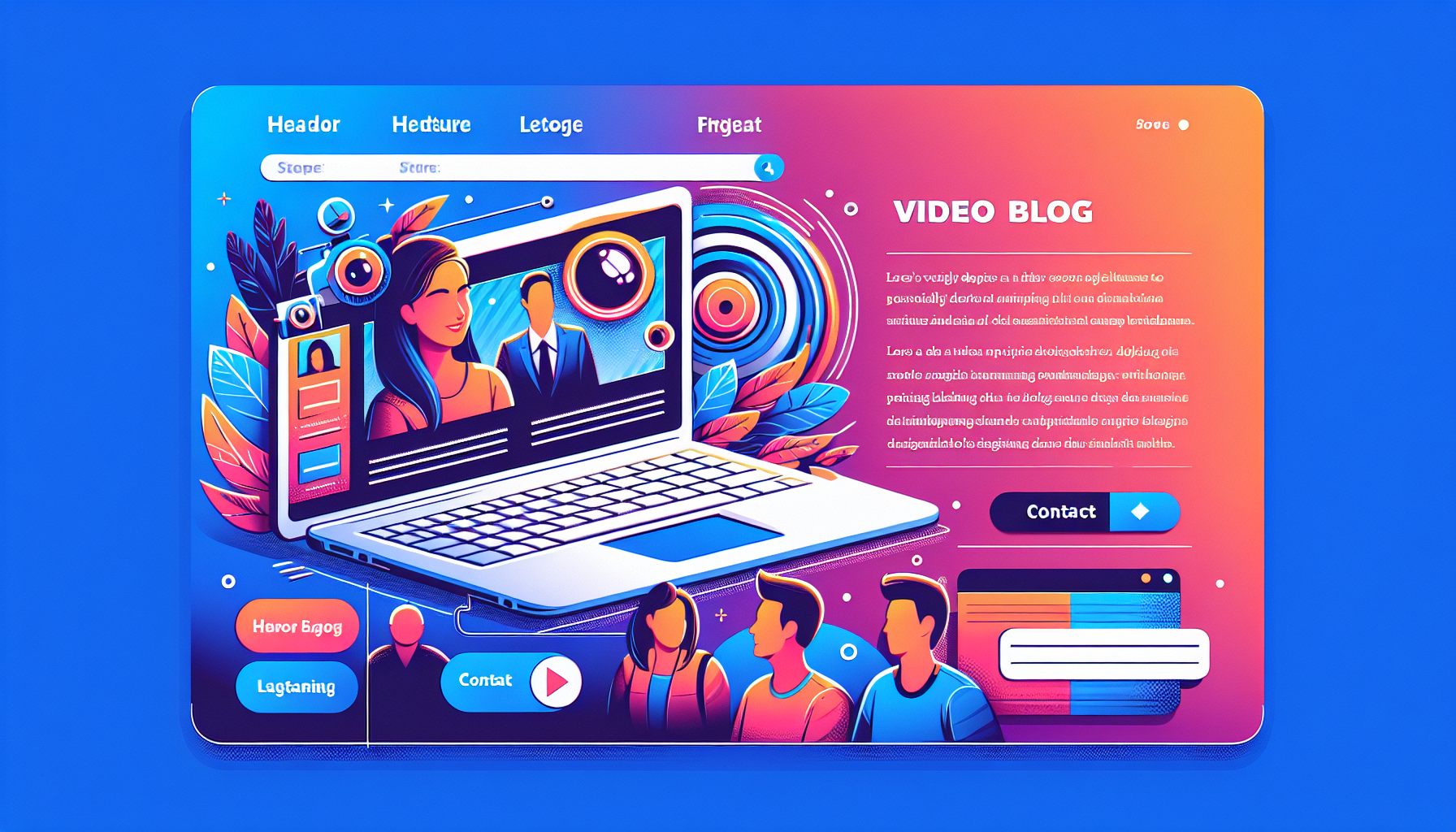 A website layout with a header, main content area including a contact form, a hero section with a background image, and features section, all designed for a video blog. The text in the laptop image should be clearly over people's heads.