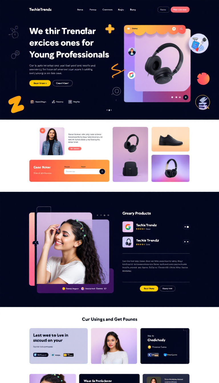 Design a one-page ecommerce website called TechieTrendz for young professionals. It should have a modern, vibrant layout with product showcases, a shopping cart, and payment integration for credit cards and PayPal.