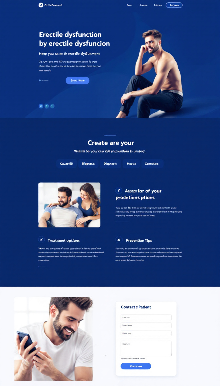 Create a simple one-page website focused on erectile dysfunction (ED) treatment. Use a blue color theme, and include sections for causes of ED, diagnosis, treatment options, and prevention tips, along with a contact form to accept patient's phone numbers for inquiries.