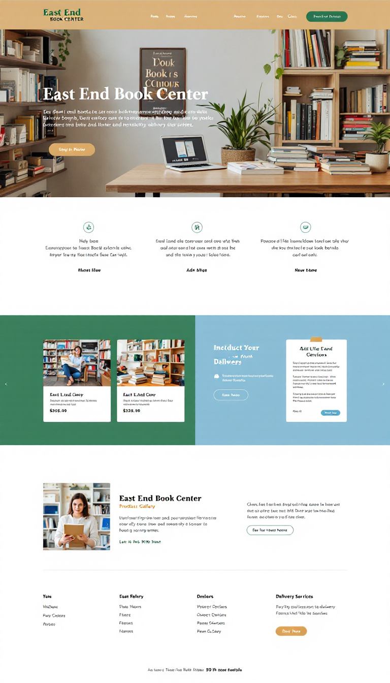 Design a clean, modern one-page website for East End Book Center, appealing to local customers and online shoppers. Include a product gallery for books with prices, payment options, and delivery services, ensuring easy navigation and a simple layout.