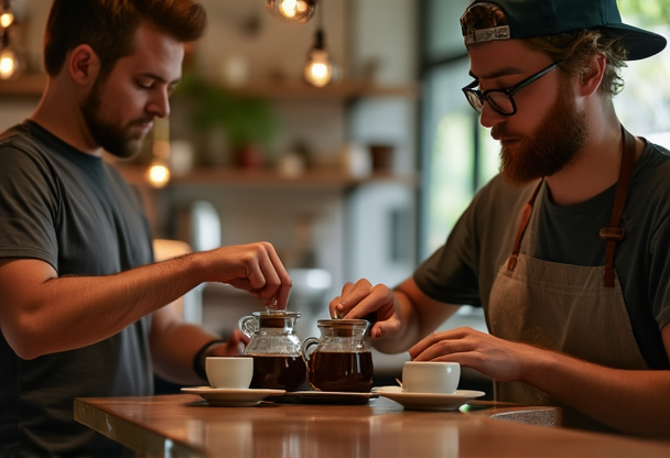 Fundadores da cafeteria Grão Dourado preparando café em um ambiente rústico e acolhedor